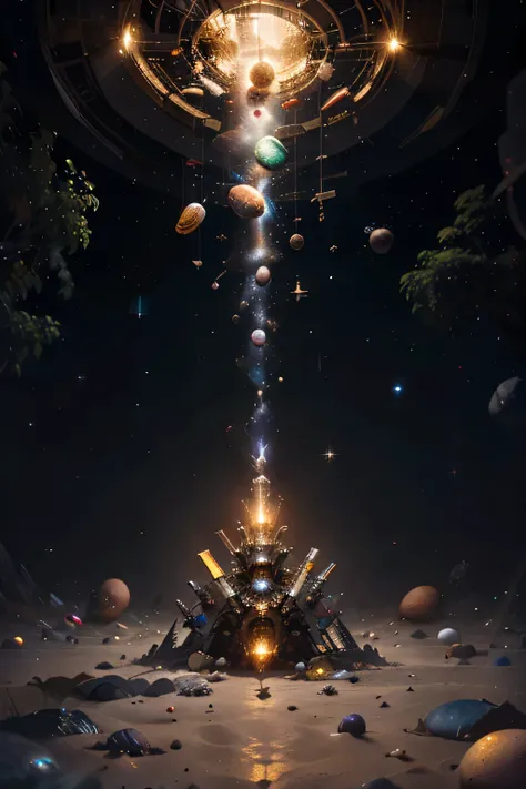 A surreal cosmic Easter scene set in deep space. Giant, intricately painted Easter eggs drift weightlessly like planets, each one uniquely decorated with glowing runes, metallic patterns, and shimmering, iridescent colors. Some are wrapped in golden filigr...