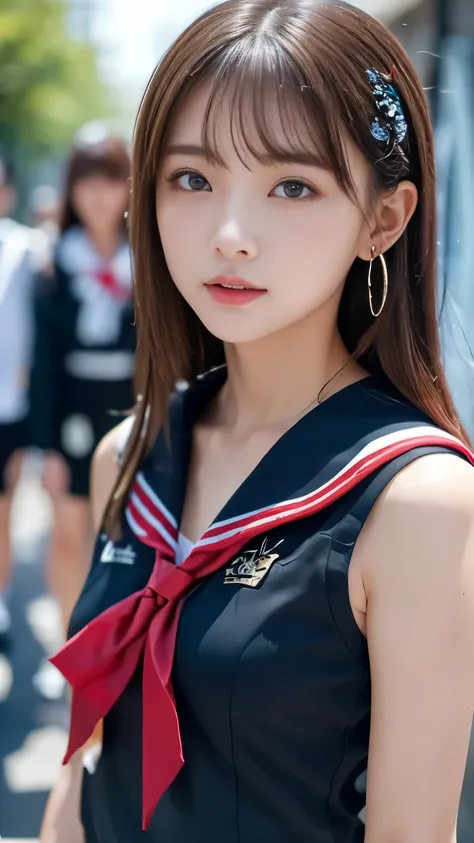 (masterpiece, best quality:1.2), 8k, , RAW photos , unbelievably absurd, (upper body, sailor suit, Sailor Suit:1.4), beautiful girl, 18 years old、cute face, Arched back, navy pleated skirt, close, wet uniform, Short sleeve, Gardenia , violet, 10th Genera...