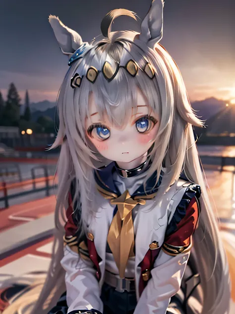 Oguri Kappu、runs、Horse Girl、masterpiece、4K、Genuine、realistic pictures、very detailed、UHD quality、bright lighting、Detailed、Vivid colors、bokeh、fantasy landscape、 Compa、Grove、Twilight Sky、Beautiful horse