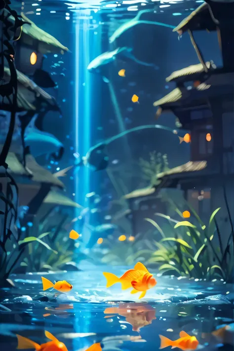 A whimsical aquarium display featuring an oversized transparent bowl with bright orange and white goldfish, illuminated by a dark background. It looks like water flowing down the sides of the bowl is overflowing, illuminated against a dark background creat...