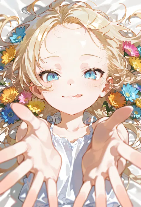 {{{masterpiece}}}, {{{best quality}}}, {{ultra detail}}, {illustrations}, {{very delicate and beautiful}},1girl,,,very long blonde hair,blue eyes,pale skin,detailed beautiful eyes,(small eyes:1.1),(forehead:1.2),messy hair,,A garden filled with beautiful f...