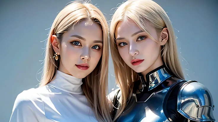 ung and beautiful white beauties with platinum blond hair、beautiful twin beauties wearing a white blouse with a collar in a 20 year old armored suit , A clear blue sky during the day、A young and beautiful blonde beauty in an armored suit、Young and beautifu...