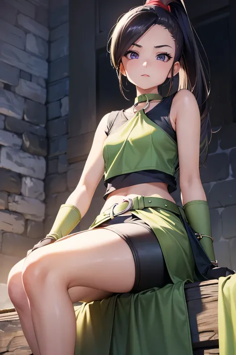 (8k, raw photo, masterpiece, extremely detailed, best quality, professional lighting, high res), BREAK beautiful and adorable girl, jade (dq11), o-ring top, purple eyes, sharp eyes, bangs, black hair, long hair, ponytail, hair scrunchie, crop top, green sh...