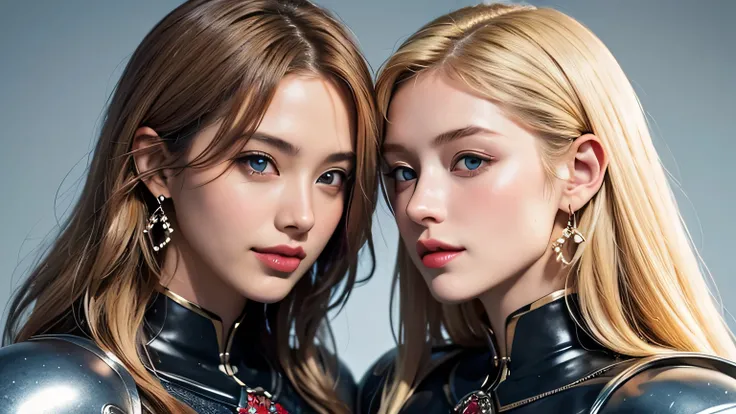 beautiful beautiful blonde beauty with platinum blonde hair、focus on the two beautiful blonde girls in the frame {x} beautiful twin beauties in white blouses with collared armor from 20 years ago , clear blue sky during the daytime、young and beautiful blon...