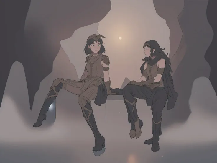 1girl, 1boy, (best quality, beruka, gauntlets), armor, purple scarf, black gloves, pants, boots, bandana on the head, sitting, in front, trees, mountain, beautiful scenery in the background, soft sunset, subtle reflections on the ground.