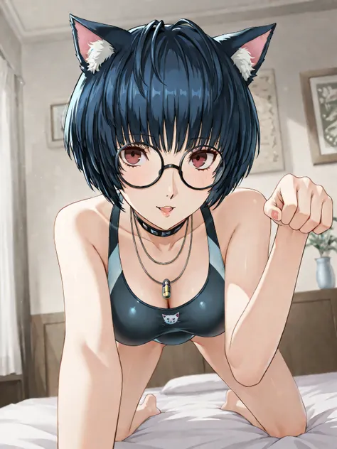 Tae Takemi ,Persona 5, competitive swimsuit facing straight ahead is standing on all fours。Yoga cat pose。ecstatic expression。Japanese cat cafe in the evening,)(round eyeglasses,)cat ear