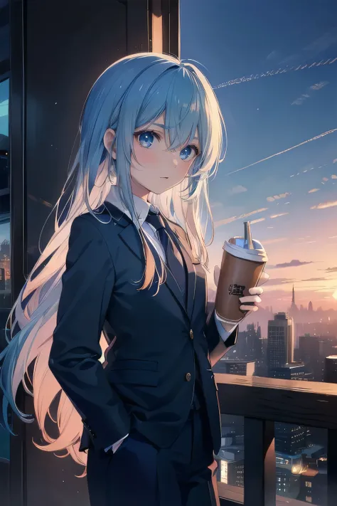 (masterpiece), (best quality), ultra detailed, finely detailed color, cenematic painting, ((holding coffee)), urban, sunset, evening, twilight, dusk, vesper, station, cityscape, cowboy shot, side view, anime lady, ((one lady)), 20-year-old lady, cute face,...