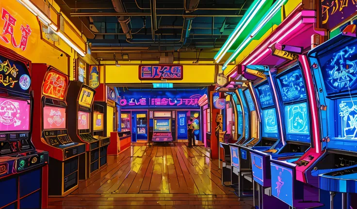 Drawn in 80’s anime art style.
Retro anime. Vintage Anime. Classical Anime.
Japanese Game Center
The arcade, or game center, is a vibrant, noisy escape filled with flashing lights, electronic music, and the clatter of buttons and joysticks. Rows of ca...