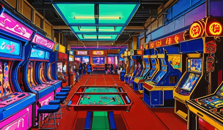 Drawn in 80’s anime art style.
Retro anime. Vintage Anime. Classical Anime.
Japanese Game Center
The arcade, or game center, is a vibrant, noisy escape filled with flashing lights, electronic music, and the clatter of buttons and joysticks. Rows of ca...