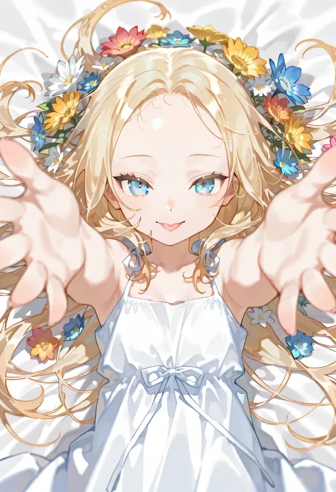 {{{masterpiece}}}, {{{best quality}}}, {{ultra detail}}, {illustrations}, {{very delicate and beautiful}},1girl,,,very long blonde hair,blue eyes,pale skin,detailed beautiful eyes,(small eyes:1.1),(forehead:1.2),messy hair,,A garden filled with beautiful f...