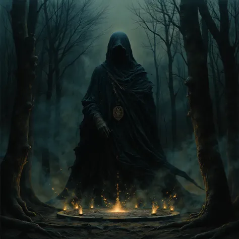 ((best quality)), ((Masterpiece)), (Highly detailed:1.3), man in dark robes performing a black magic ritual in the middle of a dark and gloomy forest, (very complex and realistic texture: 1.2), (best quality, 4k, 8k, high resolution, Masterpiece:1.2), ultr...