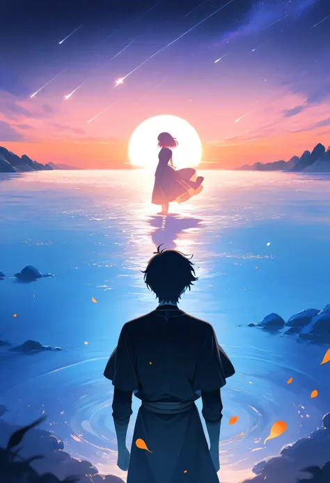 A beautifully melancholic anime-style illustration for an album cover: Half the image shows a soft sunrise with pastel pink and orange skies, the other half a serene twilight with deep purples and blues. In the center stand two figures back‑to‑back—one fem...