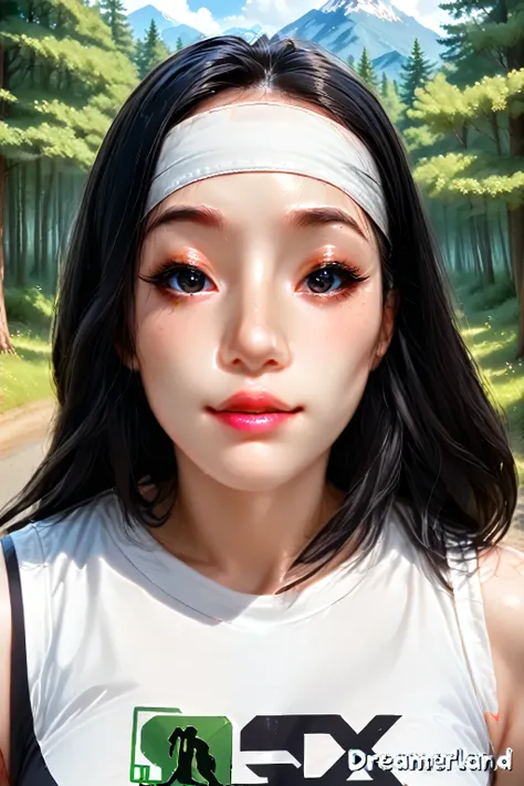 perfect face, (female asian, face asian), black hair, long hair, (white band head), black thin eyebrows, black eyes, black eyelashes, nose, normal lips, pink lips, female beautiful, collarbone, (huge breasts), (white tank top, artis name tank top), looking...