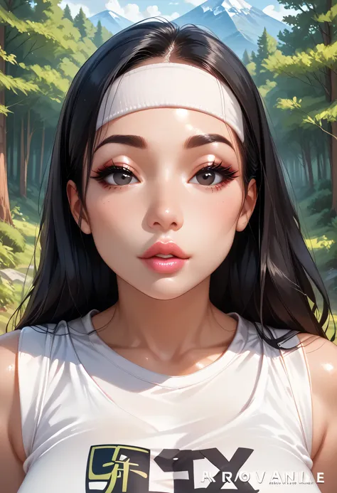perfect face, (female asian, face asian), black hair, long hair, (white band head), black thin eyebrows, black eyes, black eyelashes, nose, normal lips, pink lips, female beautiful, collarbone, (huge breasts), (white tank top, artis name tank top), looking...