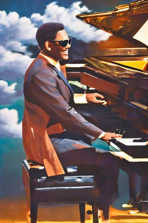 Ray Charles playing piano in the clouds with a big wide smile and put on his iconic sun glasses