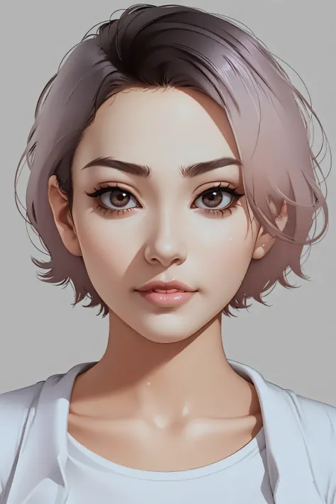 1girl, realistic, solo, grey background, lips, short hair, nose, shirt, asian, collarbone, looking at viewer, simple background, artist name, white shirt