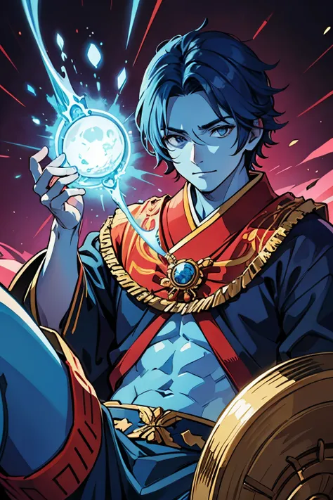 Magical man with [[blue skin]] and [[burning lava hair]], [[wearing traditional korean clothes]] , [[in jungle]]