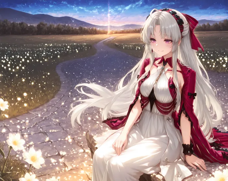 (best quality), (high-resolution), (masterpiece), anime style, full-body, solo, landscape wallpaper, seated girl in a peaceful meadow,  
elegant young woman with long silver-white hair, purple and teal eyes, gentle confident smile,  
wearing a white high-c...