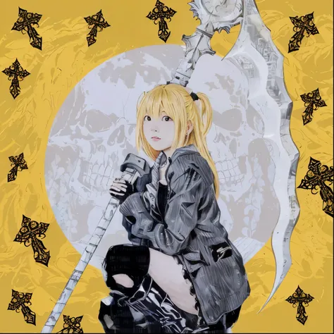 Yellow background, misa amane, death note style, scythe, moon background,, cross