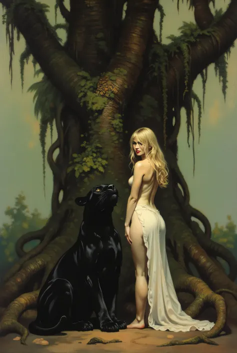 High-quality, detailed oil painting, "analog vintage photo style" (detailed image). A nude woman stands facing the camera, positioned at the base of a gigantic, ancient tropical tree. Her left arm rests naturally on the trunk covered in dense, aged moss. T...