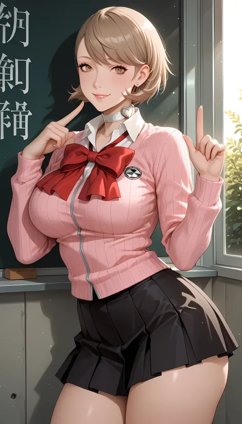 masterpiece, best quality, amazing quality, hyper-detailed, newest, very aesthetic, 1girl, photo posing, Yukari from Persona, large breasts, large thighs, diffused light, absurdres, highres, hd particles, yukaridef, gekkoukan high school uniform, pink card...