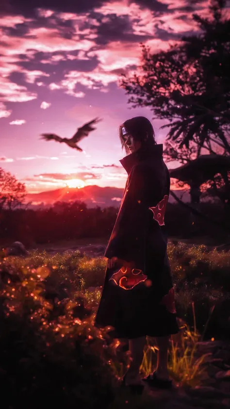 score_9, score_8_up, score_7_up, source_anime, detailed, wallpaper, beautiful details, itachi, itachi uchiha from naruto, 1boy, asian, young, male focus,ultra realistic, cinematic lighting, dramatic sunset sky in the background, headband, glowing clouds wi...