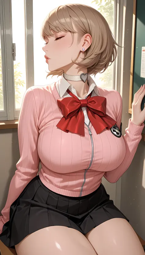 masterpiece, best quality, amazing quality, hyper-detailed, newest, very aesthetic, 1girl, photo posing, Yukari from Persona, large breasts, large thighs, diffused light, absurdres, highres, hd particles, yukaridef, gekkoukan high school uniform, pink card...