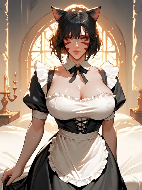 a sexy anime woman with black short hair and cat ears,extremely detailed face and eyes,large breasts,slender,wide hips,wearing sexy maid uniform,fantasy medieval scene,in bedroom,evening,