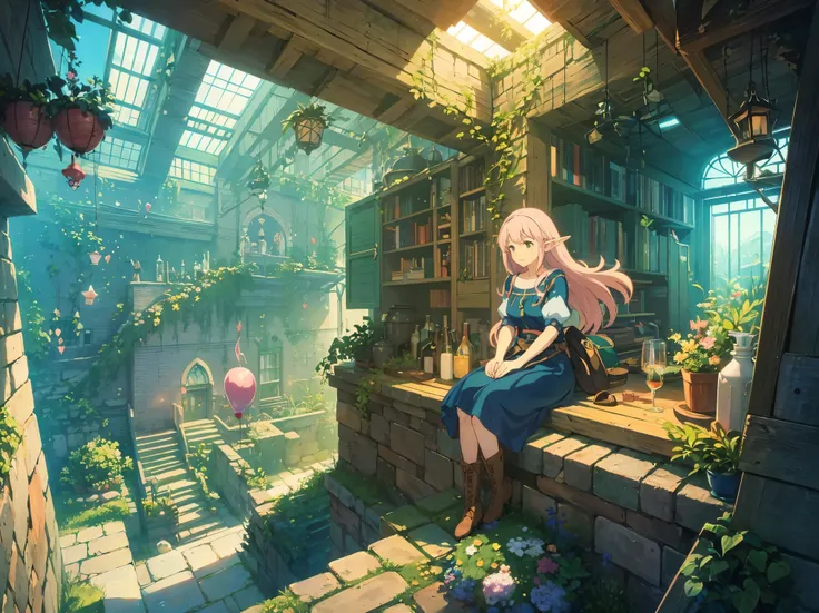 A beautiful anime-style elf girl with long pink hair and pointy ears, sitting peacefully on a stone window ledge of an old ruined building, wearing a loose green medieval-style tunic with a leather belt, brown boots, soft expression, surrounded by two blue...