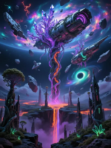 The infamous Cthulhu style Details，enhances the space station's metallic texture and the night light effect of plants，The resolution is 4K。An interstellar space station surrounded by a forest of giant luminescent plants floats and dims around the outside o...