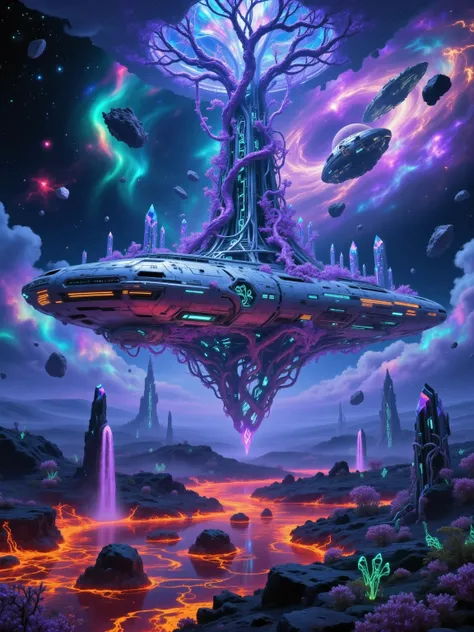The infamous Cthulhu style Details，enhances the space station's metallic texture and the night light effect of plants，The resolution is 4K。An interstellar space station surrounded by a forest of giant luminescent plants floats and dims around the outside o...