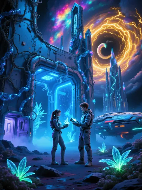 standing in front of a streamlined spaceship, tech-savvy explorer couple，female handheld glowing plant sample，male operation holographic interface，an environment covered in blue glowing vines，golden lightning jumping in a vortex of gas，cyberpunk fantasy st...