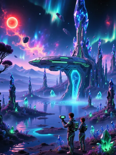 The infamous Cthulhu style Details，enhances the space station's metallic texture and the night light effect of plants，The resolution is 4K。An interstellar space station surrounded by a forest of giant luminescent plants floats and dims around the outside o...