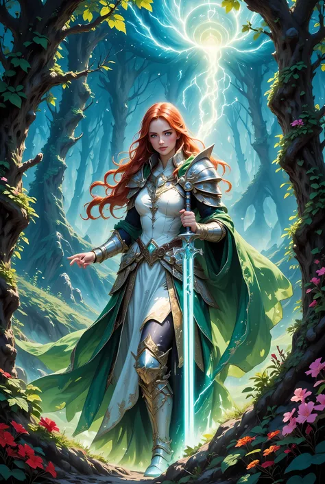 a picture of woman paladin of nature protecting the forest, controlling magical plants, woman holy knight, protector of nature, red hair, long hair, full body, ultra detailed face, red hair, long hair, braided hair, pale skin, blue eyes, intense eyes, wear...
