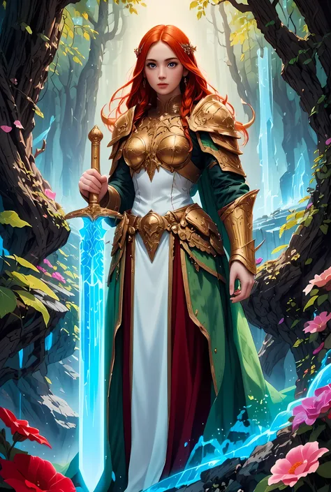a picture of woman paladin of nature protecting the forest, controlling magical plants, woman holy knight, protector of nature, red hair, long hair, full body, ultra detailed face, red hair, long hair, braided hair, pale skin, blue eyes, intense eyes, wear...