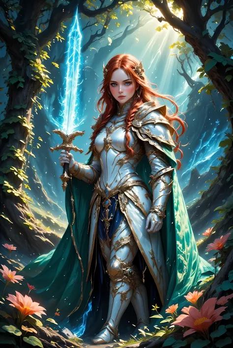 a picture of woman paladin of nature protecting the forest, controlling magical plants, woman holy knight, protector of nature, red hair, long hair, full body, ultra detailed face, red hair, long hair, braided hair, pale skin, blue eyes, intense eyes, wear...