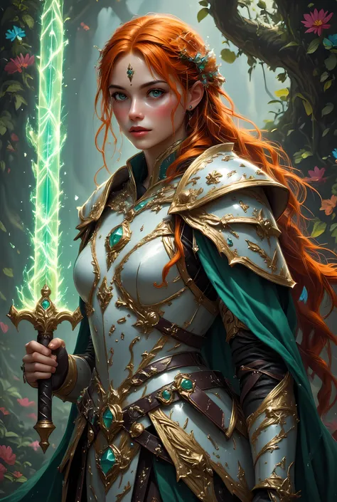 a picture of woman paladin of nature protecting the forest, controlling magical plants, woman holy knight, protector of nature, red hair, long hair, full body, ultra detailed face, red hair, long hair, braided hair, pale skin, blue eyes, intense eyes, wear...