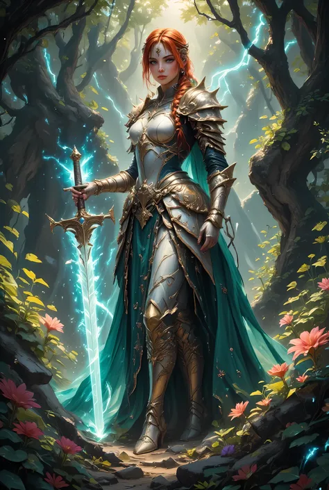 a picture of woman paladin of nature protecting the forest, controlling magical plants, woman holy knight, protector of nature, red hair, long hair, full body, ultra detailed face, red hair, long hair, braided hair, pale skin, blue eyes, intense eyes, wear...