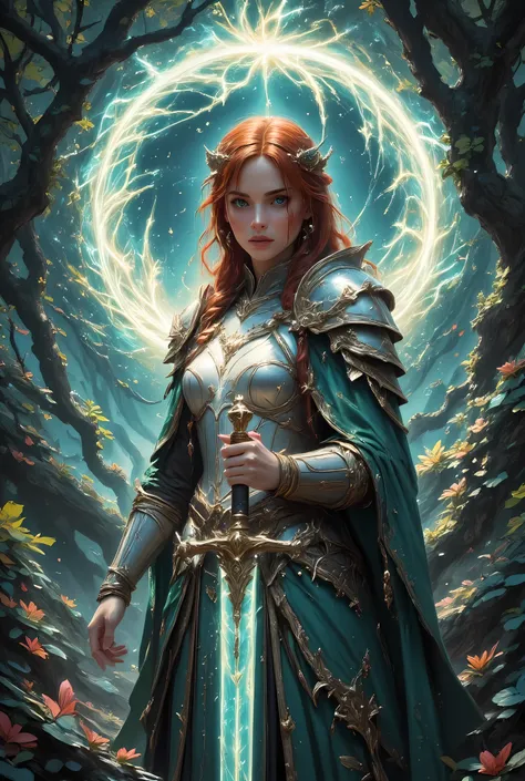 a picture of woman paladin of nature protecting the forest, controlling magical plants, woman holy knight, protector of nature, red hair, long hair, full body, ultra detailed face, red hair, long hair, braided hair, pale skin, blue eyes, intense eyes, wear...