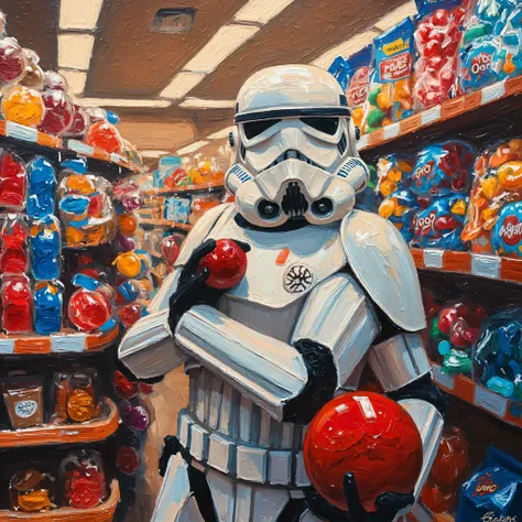 An impressionist painting with wide and furious oil brushstrokes captures a moment . The scene shows a clone of Star Wars, with a red globe found in a candy store.