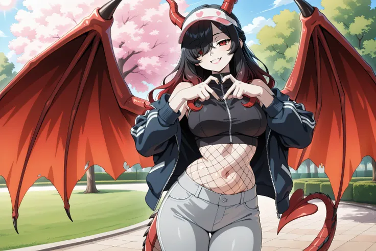 masterpiece, best quality, amazing quality, very aesthetic, absurdres, 1girl, Kuroki Monika, red eyes, gradient hair, black hair, red hair, long hair, asymmetrical hairline, hair over right eye, medium breasts,  dragon girl, gal, half updo, black dragon ho...