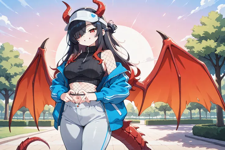 masterpiece, best quality, amazing quality, very aesthetic, absurdres, 1girl, Kuroki Monika, red eyes, gradient hair, black hair, red hair, long hair, asymmetrical hairline, hair over right eye, medium breasts,  dragon girl, gal, half updo, black dragon ho...