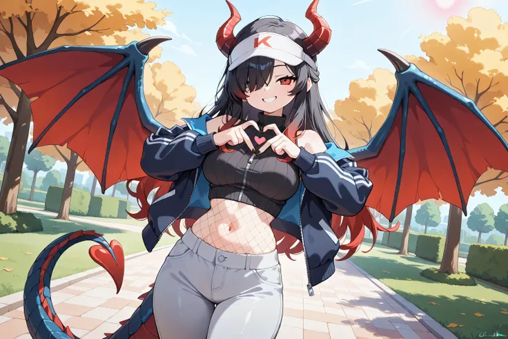 masterpiece, best quality, amazing quality, very aesthetic, absurdres, 1girl, Kuroki Monika, red eyes, gradient hair, black hair, red hair, long hair, asymmetrical hairline, hair over right eye, medium breasts,  dragon girl, gal, half updo, black dragon ho...