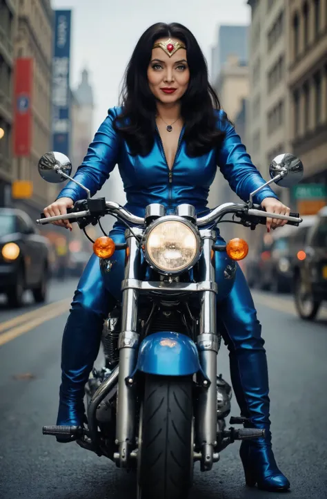wonder woman riding a motorcycle wearing a full blue leather motorcycle outfit, wearing blue knee high leather boots, smiling