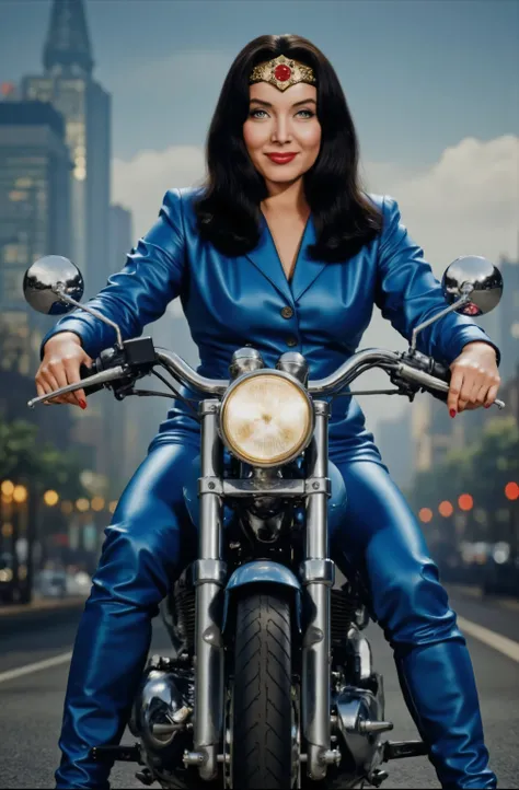 wonder woman riding a motorcycle wearing a full blue leather motorcycle outfit, wearing blue knee high leather boots, smiling