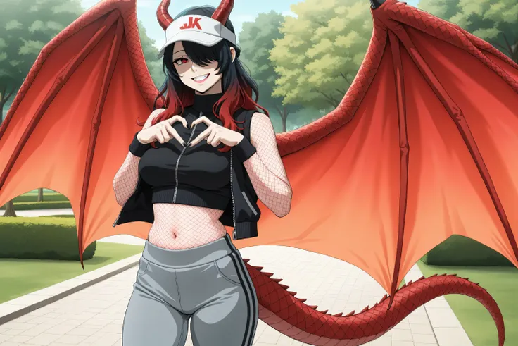 masterpiece, best quality, amazing quality, very aesthetic, absurdres, 1girl, Kuroki Monika, red eyes, gradient hair, black hair, red hair, long hair, asymmetrical hairline, hair over right eye, medium breasts,  dragon girl, gal, half updo, black dragon ho...