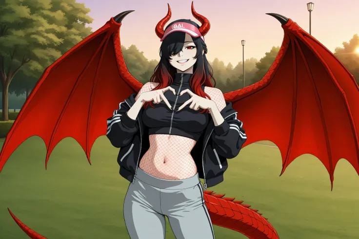 masterpiece, best quality, amazing quality, very aesthetic, absurdres, 1girl, Kuroki Monika, red eyes, gradient hair, black hair, red hair, long hair, asymmetrical hairline, hair over right eye, medium breasts,  dragon girl, gal, half updo, black dragon ho...