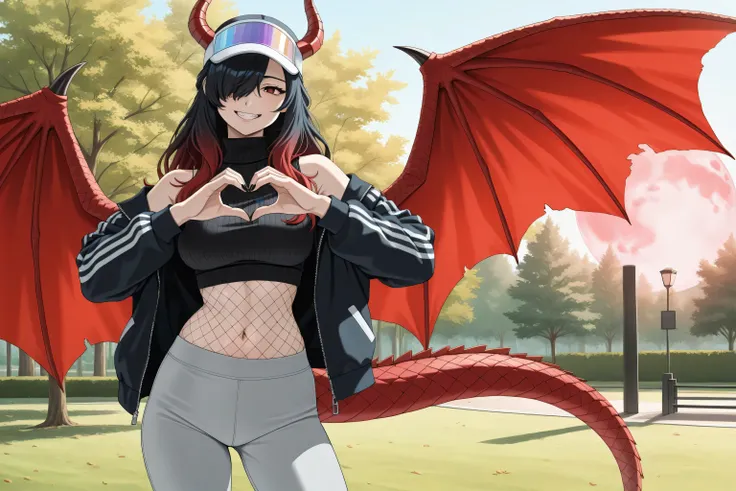 masterpiece, best quality, amazing quality, very aesthetic, absurdres, 1girl, Kuroki Monika, red eyes, gradient hair, black hair, red hair, long hair, asymmetrical hairline, hair over right eye, medium breasts,  dragon girl, gal, half updo, black dragon ho...