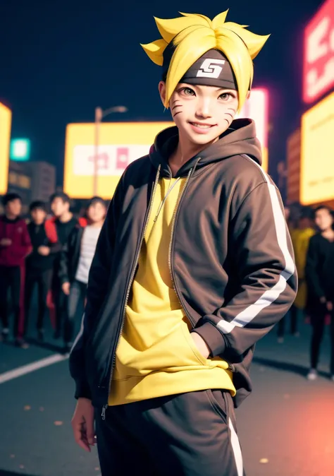 karya agung, is very detailed,  1boy , male focus, Upper body plane, Boruto wearing a Streetwear Hoodie, Yellow hair, looking towards the audience,  happy face,  hand in pocket , bright colors, urban background, dynamic lighting, wajah yang is very detaile...