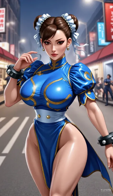 A realistic portrait of Chun-Li from Street Fighter, wearing her classic blue qipao with gold accents, her hair styled in twin buns with white ribbons, muscular legs, powerful stance, detailed facial features with a determined expression, in a dynamic urba...